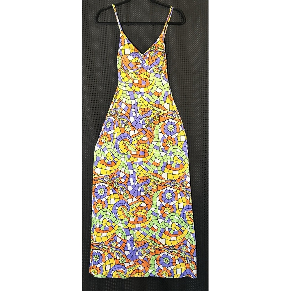 Vintage 1970s Sandcastle Mod Psychedelic Maxi Dress With Built In Bra EUC
